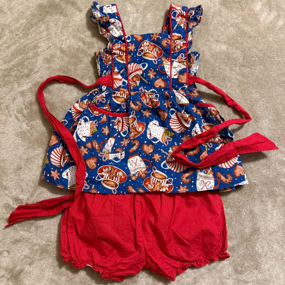 Ricrac & Ruffles Kids 3T Gingerbread Hot Cocoa Pinafore & Bloomers Set Blue Red